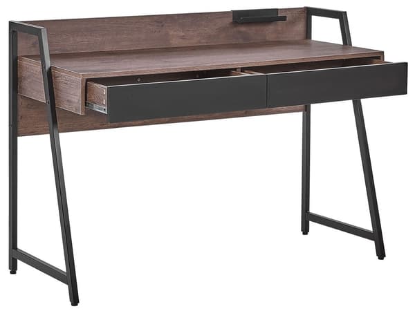 Työpöytä tumma puu/musta metalli runko 120 x 48 cm 2 laatikkoa minimalistinen tyyli