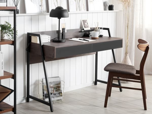 Työpöytä tumma puu/musta metalli runko 120 x 48 cm 2 laatikkoa minimalistinen tyyli