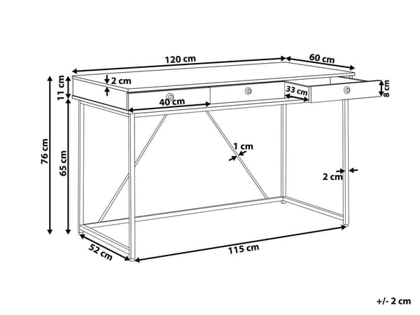 Hemmakontor Skrivbord Ljus Träskiva 120 x 60 cm med Svart Pulverlackerad Ram 3 Lådor