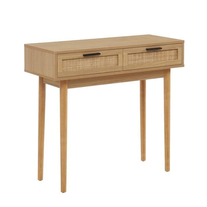 Konsoli 2 laatikkoa, joissa on luonnollinen ruoko - keinonahkainen sisustus - P 90 x S 35 x K 80 cm - AMANA