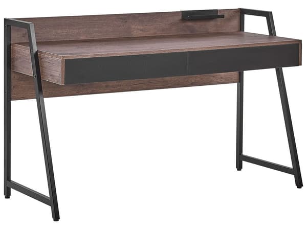 Skrivebord mørkt træplade 120 x 50 cm sort metalstel bærbar hylde