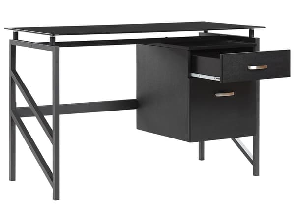 Työpöytä musta 117 x 57 cm metallirunko karkaistu lasitaso 2 laatikkoa moderni industriaalinen tyyli