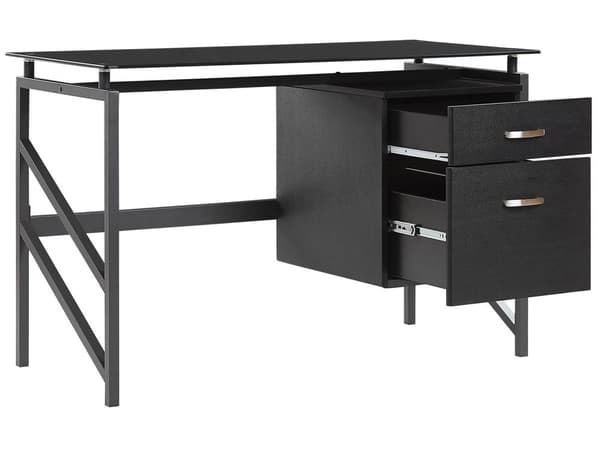 Työpöytä musta 117 x 57 cm metallirunko karkaistu lasitaso 2 laatikkoa moderni industriaalinen tyyli