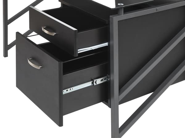 Työpöytä musta 117 x 57 cm metallirunko karkaistu lasitaso 2 laatikkoa moderni industriaalinen tyyli