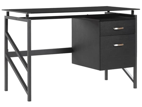 Työpöytä musta 117 x 57 cm metallirunko karkaistu lasitaso 2 laatikkoa moderni industriaalinen tyyli