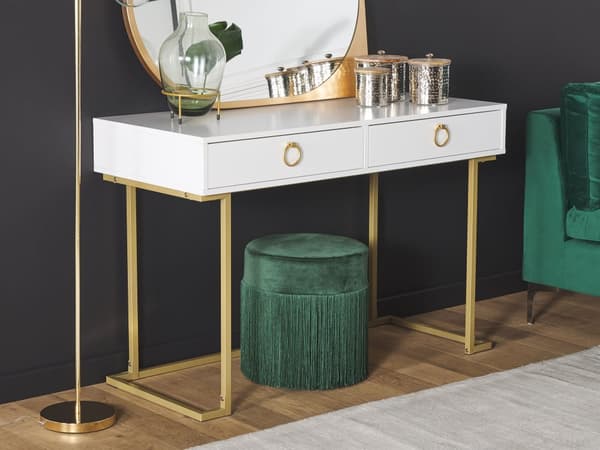 Avlastningsbord Vit 2 Lådor med Ringdraghandtag Guld Metallbas Hemmakontor Accentbord Sovrum Glam Stil