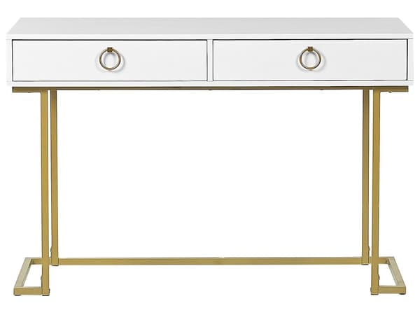 Avlastningsbord Vit 2 Lådor med Ringdraghandtag Guld Metallbas Hemmakontor Accentbord Sovrum Glam Stil