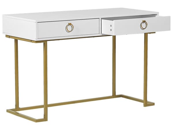 Avlastningsbord Vit 2 Lådor med Ringdraghandtag Guld Metallbas Hemmakontor Accentbord Sovrum Glam Stil