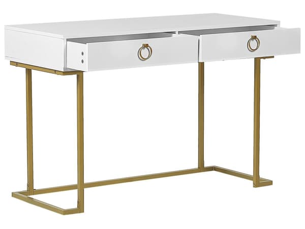 Avlastningsbord Vit 2 Lådor med Ringdraghandtag Guld Metallbas Hemmakontor Accentbord Sovrum Glam Stil