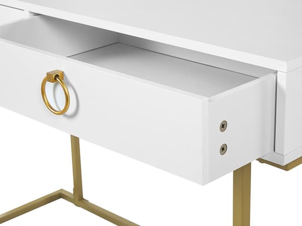 Avlastningsbord Vit 2 Lådor med Ringdraghandtag Guld Metallbas Hemmakontor Accentbord Sovrum Glam Stil