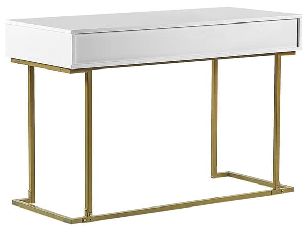 Avlastningsbord Vit 2 Lådor med Ringdraghandtag Guld Metallbas Hemmakontor Accentbord Sovrum Glam Stil