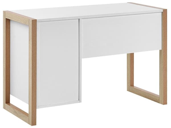 Työpöytä valkoinen/vaalea puu 112 x 76 x 50 cm kaappi laatikko minimalistinen tyyli