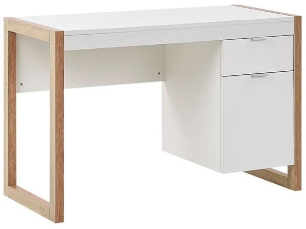 Työpöytä valkoinen/vaalea puu 112 x 76 x 50 cm kaappi laatikko minimalistinen tyyli