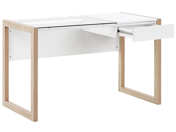 Työpöytä valkoinen/vaalea puu 120 x 75 x 60 cm lasitaso vetolaatikko minimalistinen tyyli