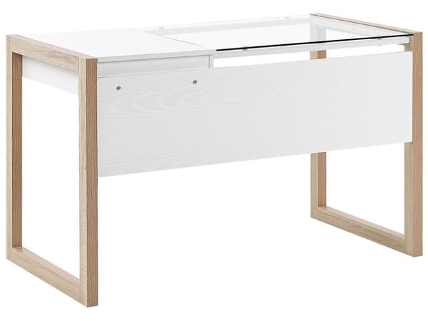 Työpöytä valkoinen/vaalea puu 120 x 75 x 60 cm lasitaso vetolaatikko minimalistinen tyyli