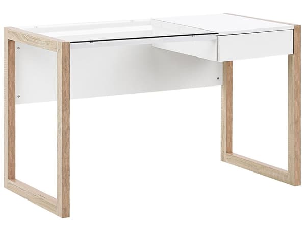 Työpöytä valkoinen/vaalea puu 120 x 75 x 60 cm lasitaso vetolaatikko minimalistinen tyyli
