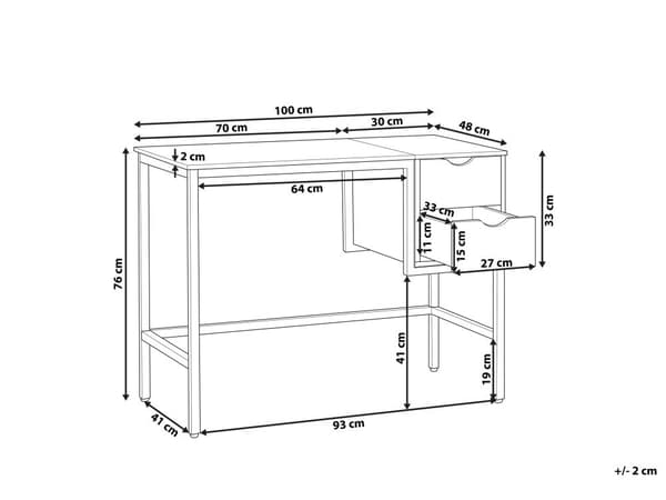 Hjemmekontor Skrivebord Sort Let Træ Metalstel 100 x 48 cm Opbevaring 2 Skuffer Plastik Bordplade