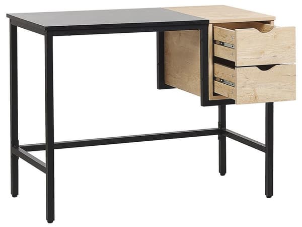 Hjemmekontor Skrivebord Sort Let Træ Metalstel 100 x 48 cm Opbevaring 2 Skuffer Plastik Bordplade