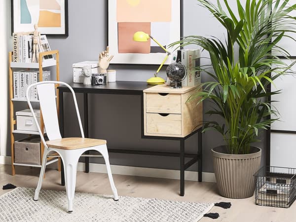 Hjemmekontor Skrivebord Sort Let Træ Metalstel 100 x 48 cm Opbevaring 2 Skuffer Plastik Bordplade
