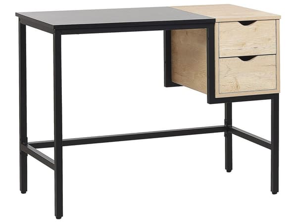 Hjemmekontor Skrivebord Sort Let Træ Metalstel 100 x 48 cm Opbevaring 2 Skuffer Plastik Bordplade
