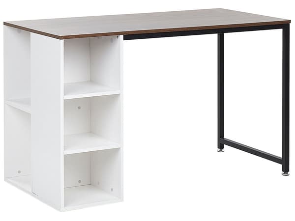 Skrivebord Mørkt Hvidt Træ med Sort Metalben 120 x 60 cm Dekorativ Langt Kontorbord med Hylde Opbevaring Soveværelse Indretning Tilbehør