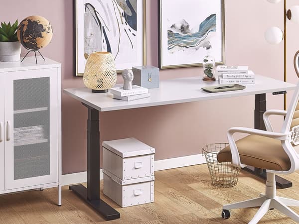 Hæve Sænkebord Grå Træ og Sort Stål Stel 130 x 72 cm Høj Ergonomisk Justerbar Elektrisk Skrivebord til Hjemmet Kontor Værelse Moderne Design