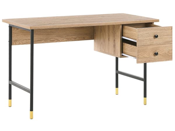Skrivebord sort og lyst træ spånplade med guld metalben 120 x 60 x 77 cm med opbevaring arbejdsplads i retro stil skolebord
