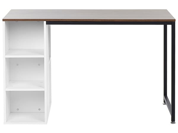 Skrivbord Hemma Mörk Träskiva Svarta Stålben Vita Hyllor Förvaring 120 x 60 cm