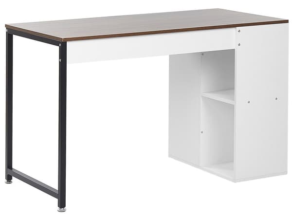 Skrivbord Hemma Mörk Träskiva Svarta Stålben Vita Hyllor Förvaring 120 x 60 cm