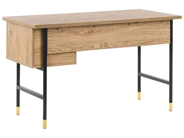 Työpöytä vaalea puu/musta 120 x 60 cm metallijalat 2 laatikkoa retro-tyyli