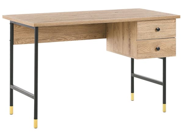Työpöytä vaalea puu/musta 120 x 60 cm metallijalat 2 laatikkoa retro-tyyli