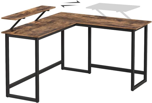 L-Formad hörn skrivbord med skärmstativ - brun