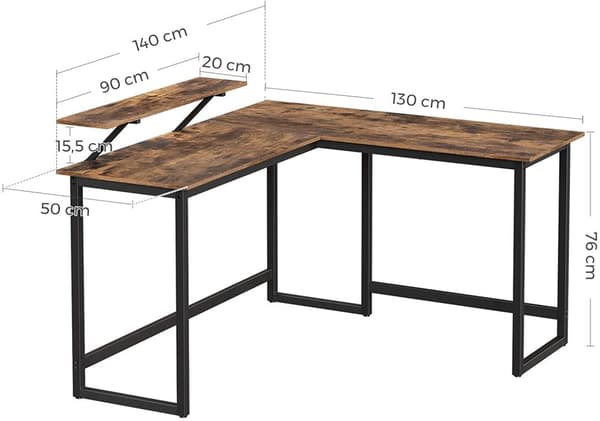 L-Formad hörn skrivbord med skärmstativ - brun
