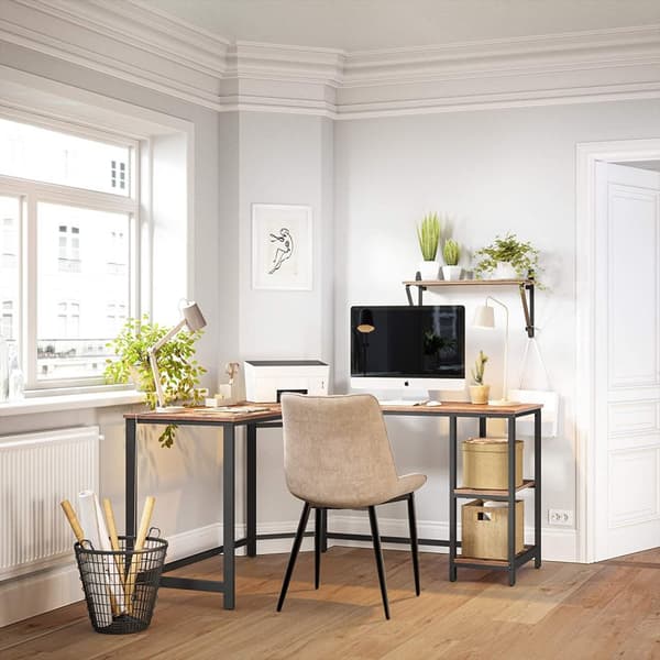 L-formad Hörn Skrivbord Med Två Hyllor Vintage brun-svart