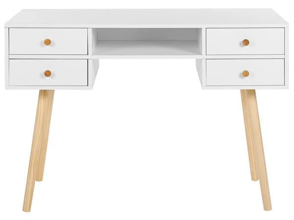 Työpöytä valkoinen 110 x 55 cm vaalea puu jalat 4 laatikkoa skandinaavinen tyyli