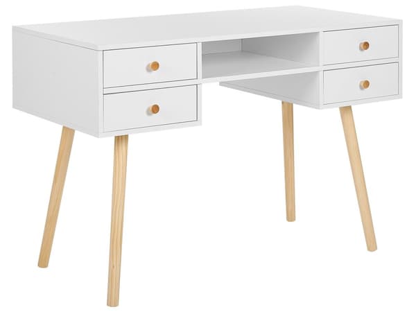 Työpöytä valkoinen 110 x 55 cm vaalea puu jalat 4 laatikkoa skandinaavinen tyyli