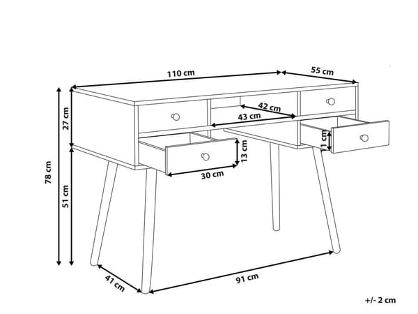 Skrivebord Hvid Lyst Træ 110 x 55 cm Dekorativ Computerbord med 4 Skuffer Opbevaring til Pigeværelse Koniske Ben Skandinavisk Minimalistisk