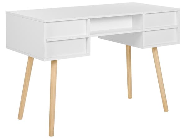 Skrivebord Hvid Lyst Træ 110 x 55 cm Dekorativ Computerbord med 4 Skuffer Opbevaring til Pigeværelse Koniske Ben Skandinavisk Minimalistisk
