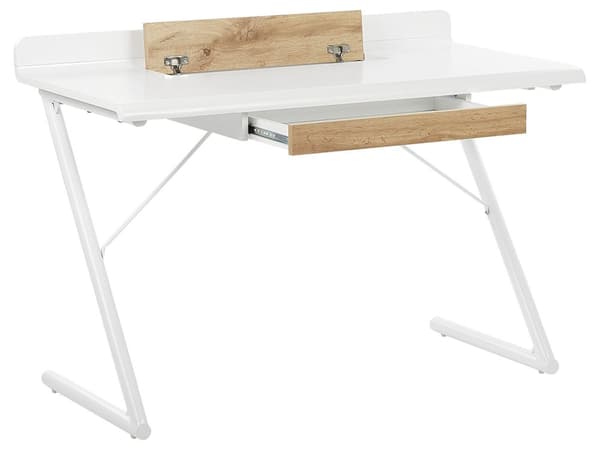 Työpöytä valkoinen MDF 120 x 60 cm laatikolla ja metallijaloilla skandinaavinen tyyli