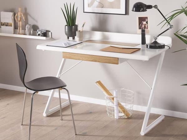 Skrivebord 120 x 60 cm hvidt med lyst Træ MDF med Skuffe Metalben Skandinavisk Stil