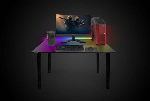 Gaming skrivebord til gamere 105 cm x 65 cm- Computer skrivebord til hjemmekontor - lille skrivebord med LED lamper - sort skrivebord til gaming med k
