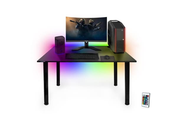 Gaming skrivebord til gamere 105 cm x 65 cm- Computer skrivebord til hjemmekontor - lille skrivebord med LED lamper - sort skrivebord til gaming med k