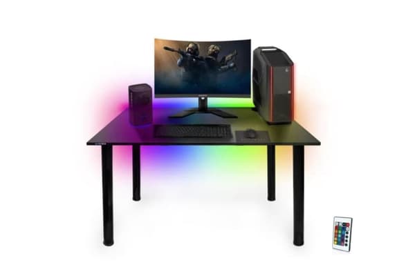 Gaming skrivebord til gamere 105 cm x 65 cm- Computer skrivebord til hjemmekontor - lille skrivebord med LED lamper - sort skrivebord til gaming med k