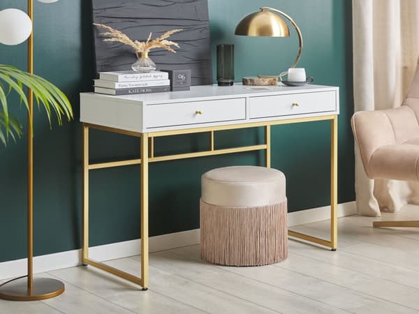 Skrivebord Hvid og Guld Metal 100 x 50 cm 2 Skuffer Gylden Metalramme Elegant til Computer og Sminkebord Glamour til Pigeværelse Indretning