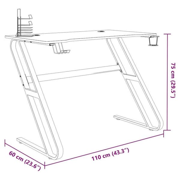vidaXL Gamingbord med ZZ-formede ben svart 110x60x75 cm