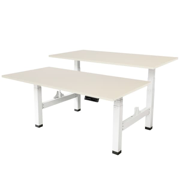 Justerbart duo skrivebord - 180x80 cm - Hvid / Lys eg