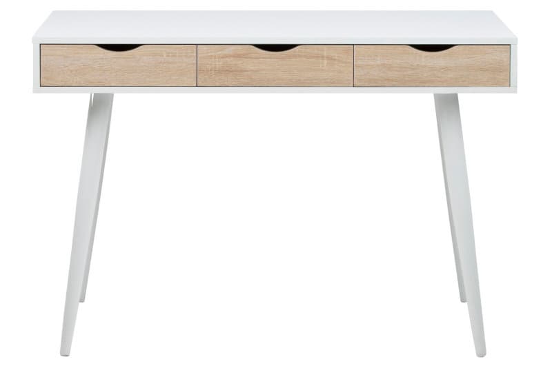 Nete skrivbord vit med 3 lådor, ek-look med vita metallben.