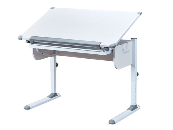 Stog  skrivbord med höj- och sänkbar skiva och 1 låda vit och grå.