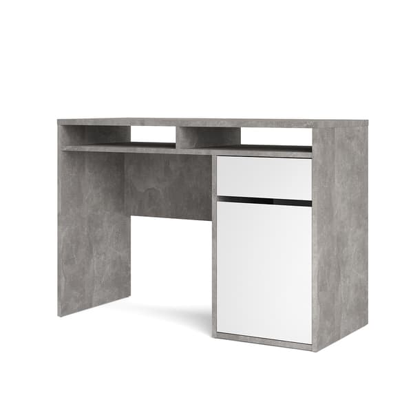 Plus skrivebord med 1 låge, 1 skuffe og 2 hylder, beton dekor/hvid højglans.