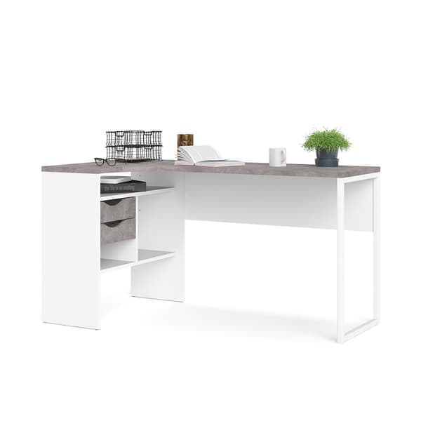 Plus skrivebord hjørneskrivebord med 3 hylder og 2 skuffer, hvid/beton dekor.